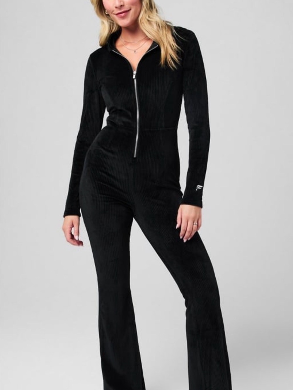 Fabletics Black Ribbed Zip-Front Long-Sleeve Jumpsuit